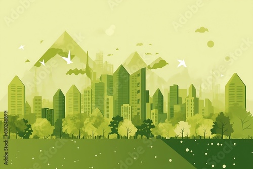 Green buildings among trees with mountains in the background. Simple sustainability ecology web background monotone green - Generative ai