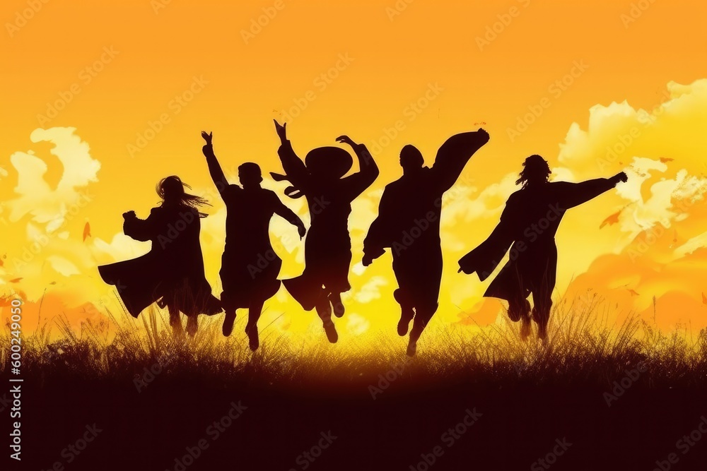A painting depicting university graduates throwing their hats off at sunset with generative AI A painting depicting university graduates throwing their hats off at sunset with generative AI