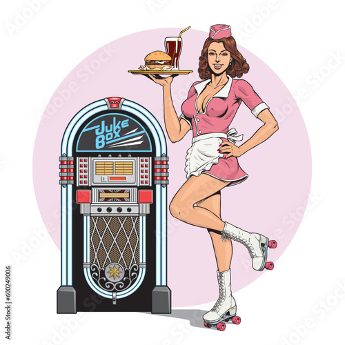 Waitress on roller skates, drive-in restaurant diner service. Young cute girl in uniform and music jukebox. 50's or 60's American style vector illustration