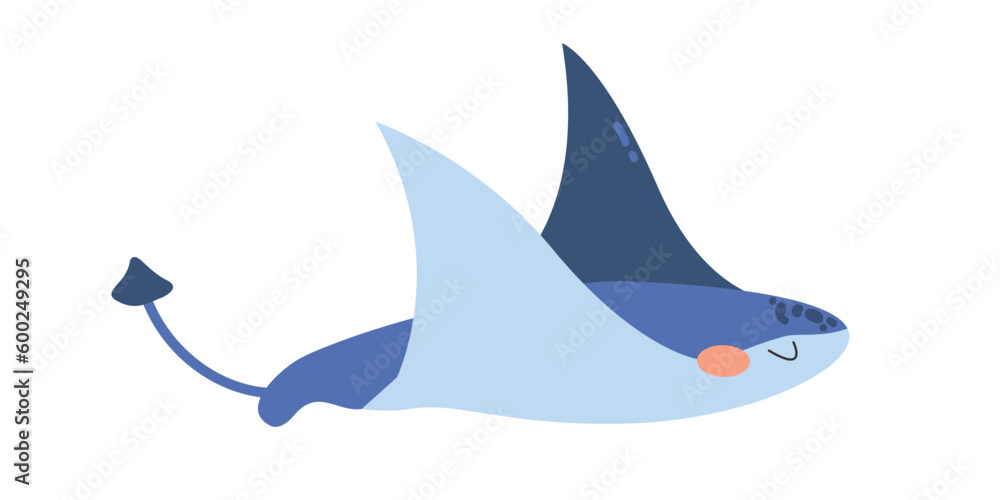 Cute stingray. Vector illustration of a blue stingray. Sea animal. Children's illustration in cartoon style. Underwater life. White isolated background. Cute stingray. Vector illustration of a blue stingray. Sea animal. Children's illustration in cartoon style. Underwater life. White isolated background.
