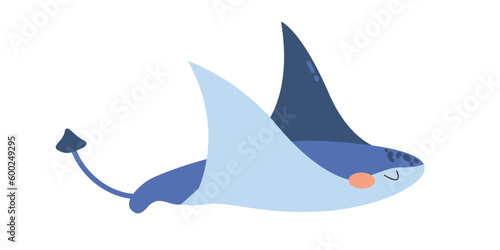 Cute stingray. Vector illustration of a blue stingray. Sea animal. Children's illustration in cartoon style. Underwater life. White isolated background.