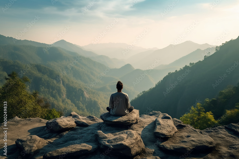 A person meditating on top of a hill, overlooking a vast landscape of mountains and forest. AI generative - obrazy, fototapety, plakaty 