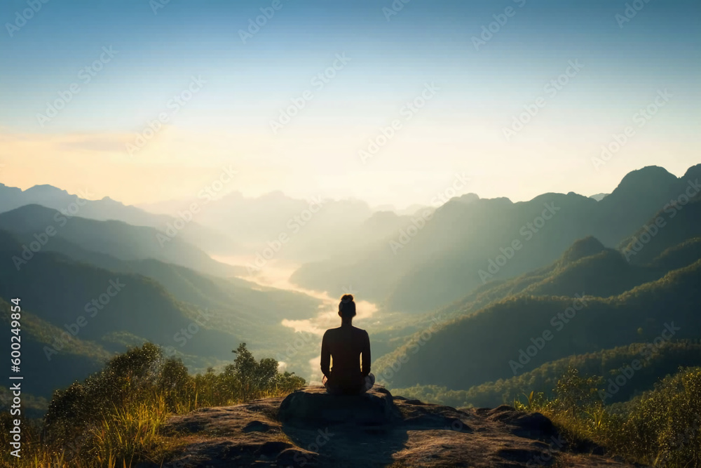 A person meditating on top of a hill, overlooking a vast landscape of mountains and forest. AI generative