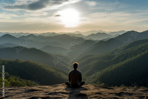 A person meditating on top of a hill, overlooking a vast landscape of mountains and forest. AI generative © SANGHYUN