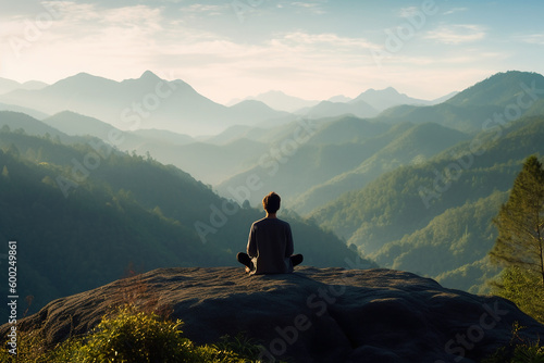 A person meditating on top of a hill, overlooking a vast landscape of mountains and forest. AI generative © SANGHYUN