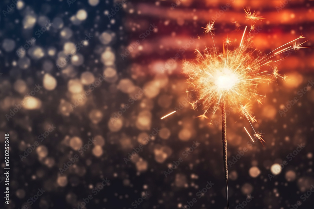 Naklejka premium A sparkler, blurred independence day background. AI generative