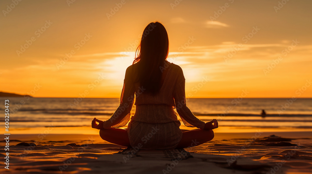  woman meditating on the beach at sunset. AI generative