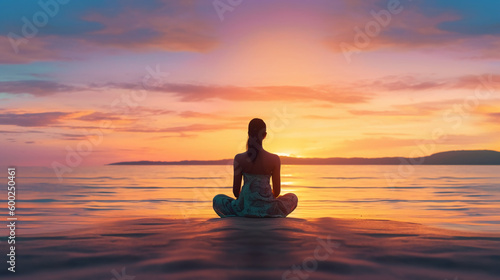  woman meditating on the beach at sunset. AI generative