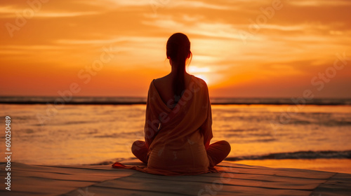  woman meditating on the beach at sunset. AI generative