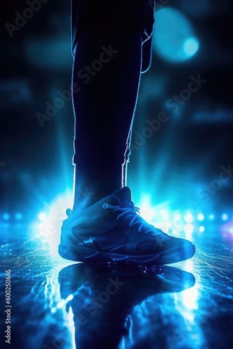A standing close-up shot of a basketball player standing on a dark background with generative AI