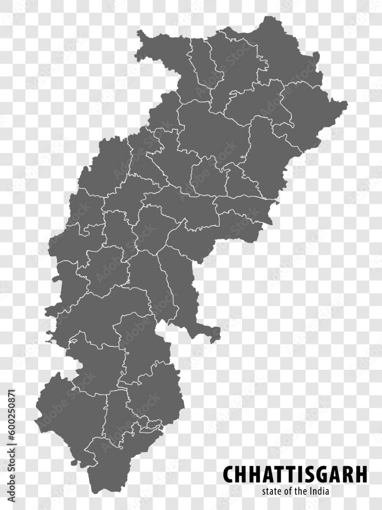 Blank map State  Chhattisgarh of India. High quality map Chhattisgarh with municipalities on transparent background for your web site design, logo, app, UI. Republic of India.  EPS10.
