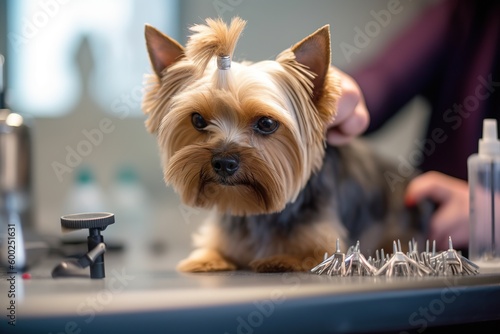 Yorkshire terrier Dog gets hair cut at Pet Spa Grooming Salon. Generated ai Generative AI