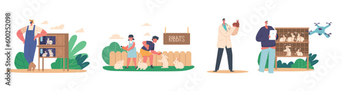 Set Farmers Character Raise Rabbits For Livestock By Providing Proper Shelter, Feeding Them Nutritious Food Illustration