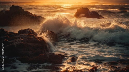 A wave crashing on a rocky shoreline at sunset AI generated