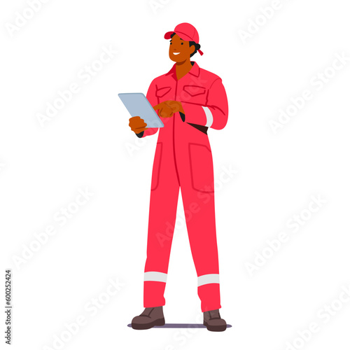 Fire Safety Worker Male Character Wear red Uniform with Tablet in Hands Ensures Public Safety By Monitoring Fire Hazards