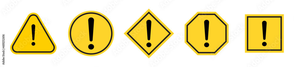 Set of hazard attention sign with exclamation mark in different shapes ...