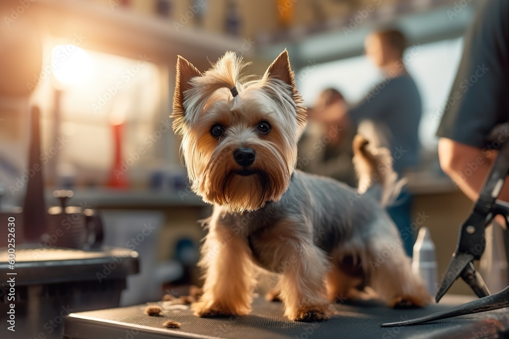 Terrier Dog gets hair cut at Pet Spa Grooming Salon. Generated ai Generative AI Terrier Dog gets hair cut at Pet Spa Grooming Salon. Generated ai Generative AI