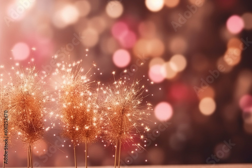 Gold and pink Fireworks and bokeh in New Year eve and copy space. Abstract background holiday. AI generative © SANGHYUN