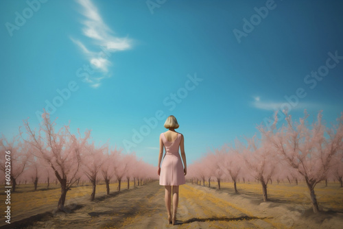 A woman in a pink dress stand in an almond field, generative ai