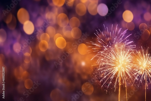 Gold and purple Fireworks and bokeh in New Year eve and copy space. Abstract background holiday. AI generative