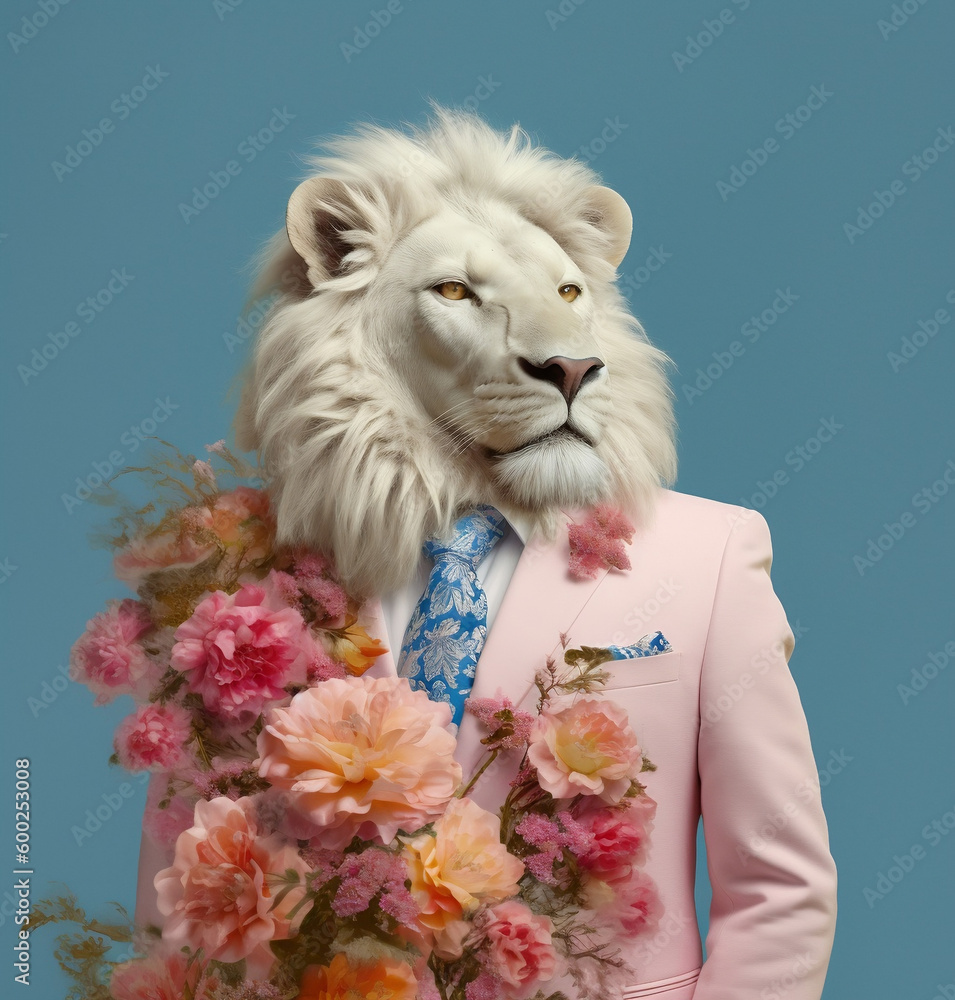 A lion with white hair and pink flowers in his mouth, generative ai