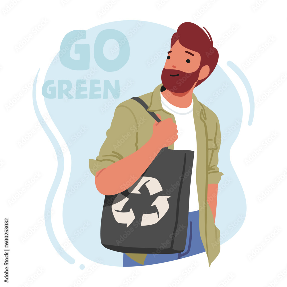 Male Character Carry Eco-friendly Reusable Bag With Recycle Symbol, Perfect For Shopping, Running Errands, Illustration Male Character Carry Eco-friendly Reusable Bag With Recycle Symbol, Perfect For Shopping, Running Errands, Illustration