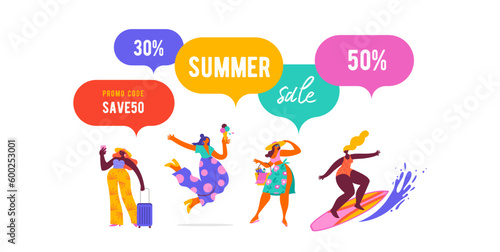 Summer festival, summer sale poster, modern style characters, people at summer. Swimming, traveling, surfing, making fun on beach and pool