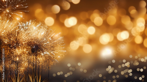 Gold and silver Fireworks and bokeh in New Year eve and copy space. Abstract background holiday. AI generative © SANGHYUN
