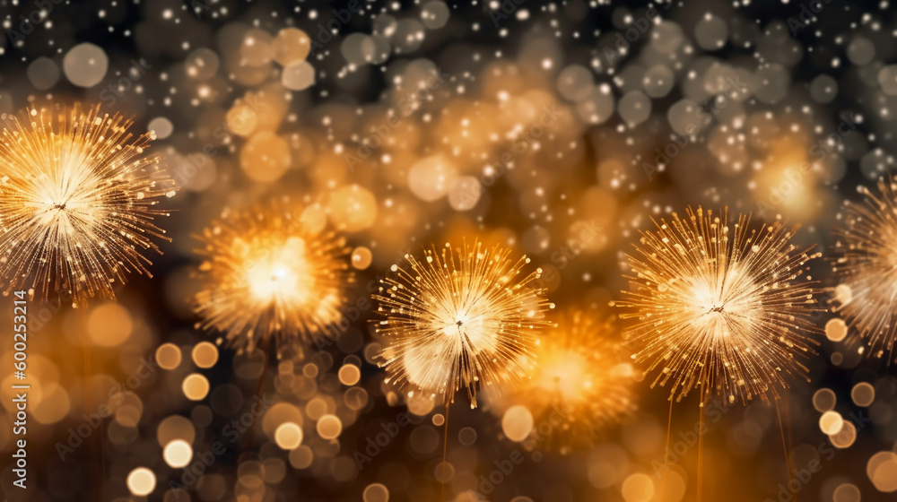 Gold and silver Fireworks and bokeh in New Year eve and copy space. Abstract background holiday. AI generative Gold and silver Fireworks and bokeh in New Year eve and copy space. Abstract background holiday. AI generative