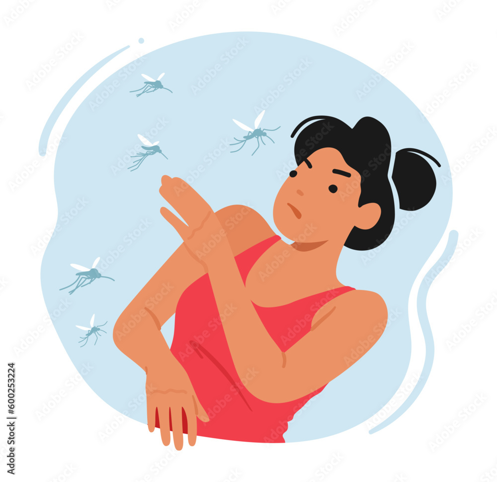 Mosquito Bite Woman Experiences Itching, Swelling, And Redness On Her Skin. Female Character Clapping the Insects