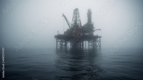 An oil rig in a foggy channel AI generated