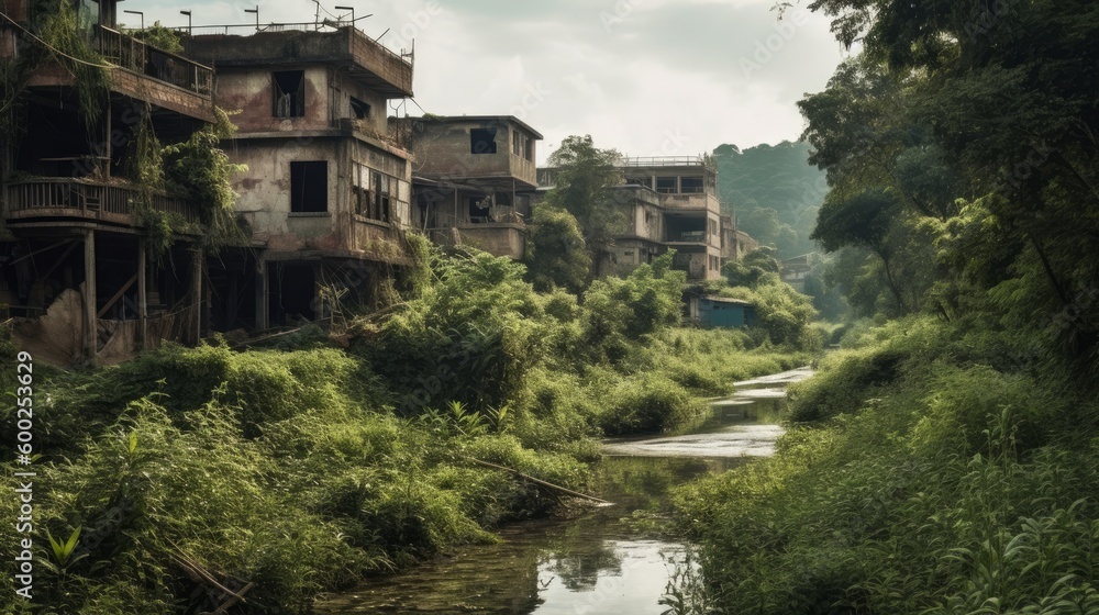 An overgrown abandoned town with a polluted river AI generated