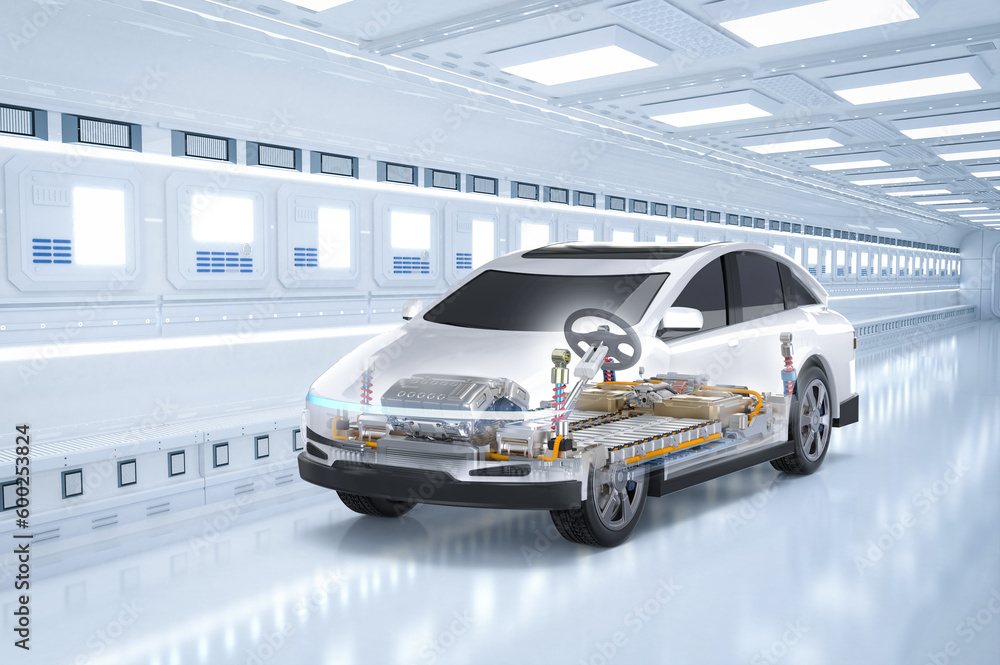 Ev car or electric vehicle with pack of battery cells on platform in laboratory