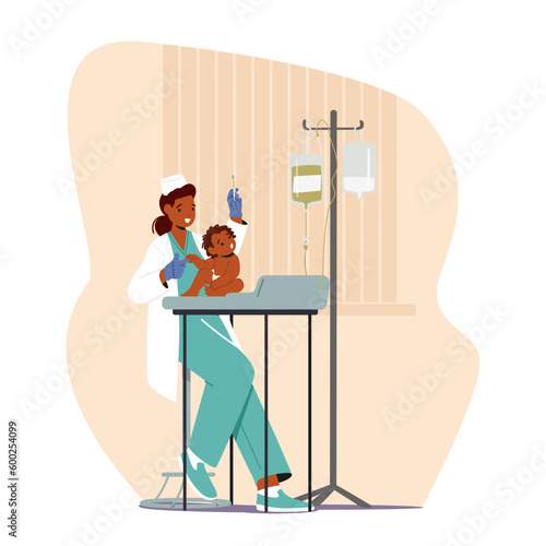 Pediatrician Female Character Prepares Medicine And Syringe, Calms Baby, Sterilizes The Injection Site, Illustration