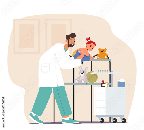 Male Pediatrician Administers Vaccines To Baby For Protection Against Diseases. Doctor Evaluate Immunization Schedule