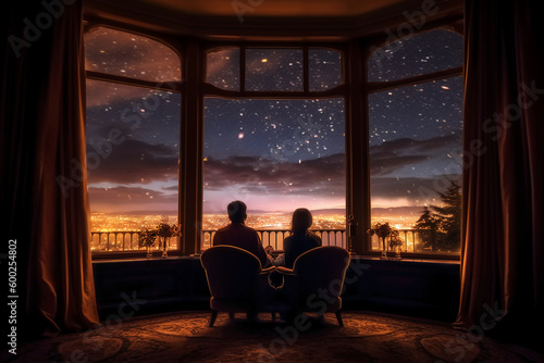 The back of a couple sitting by the hotel window, The view through the window is a starry night. AI generative © SANGHYUN