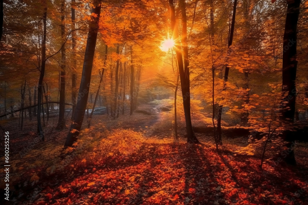 The most beautiful red autumn forest in the world. AI generative