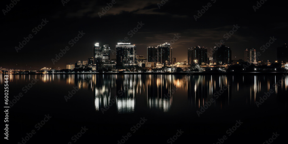 night cityscape in the distance with bright lighting over the water. reflection in the water. Generative AI