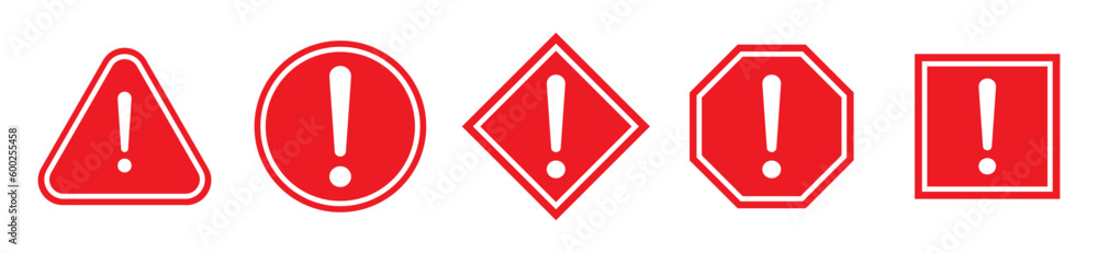 Set of hazard attention sign with exclamation mark in different shapes ...