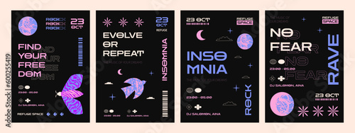 A set of posters in the rave techno style with textured bird, moth, moon. A concept of minimalistic strange design for a concert, party, event.