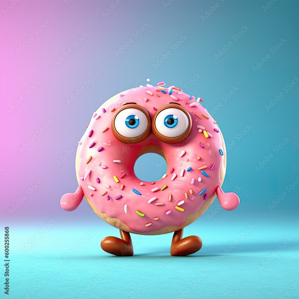 Obraz premium Cute Cartoon Donut Character (Generative Ai)
