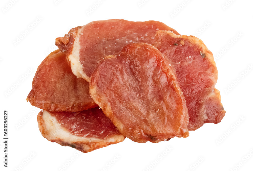 Drier pieces of pork, on a transparent background. Slices of dried meat. Isolated object Drier pieces of pork, on a transparent background. Slices of dried meat. Isolated object