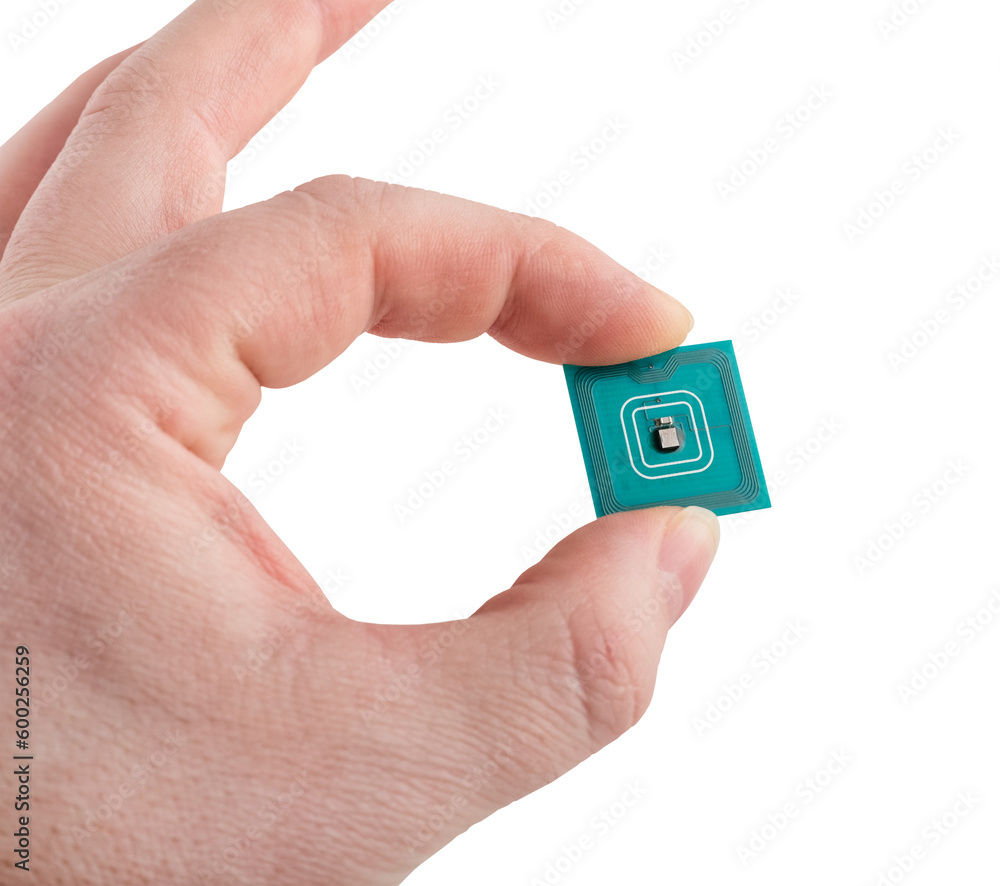 Green microchip in man hand on transparent background. Concept of technologies in electronics, computer and use microchip in everyday life and medicine. Isolated object Green microchip in man hand on transparent background. Concept of technologies in electronics, computer and use microchip in everyday life and medicine. Isolated object