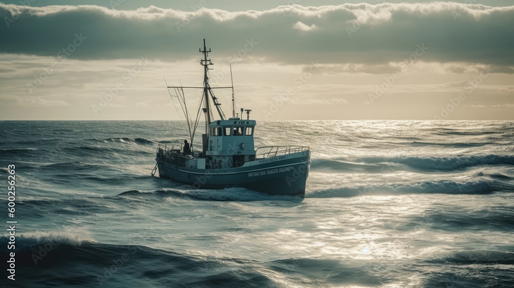 Lone fishing vessel on the ocean AI generated