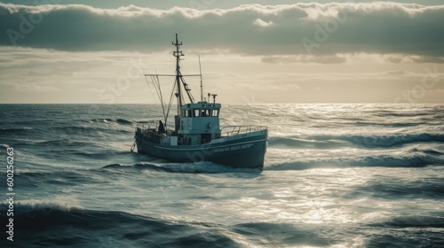 Lone fishing vessel on the ocean AI generated © ArtStage