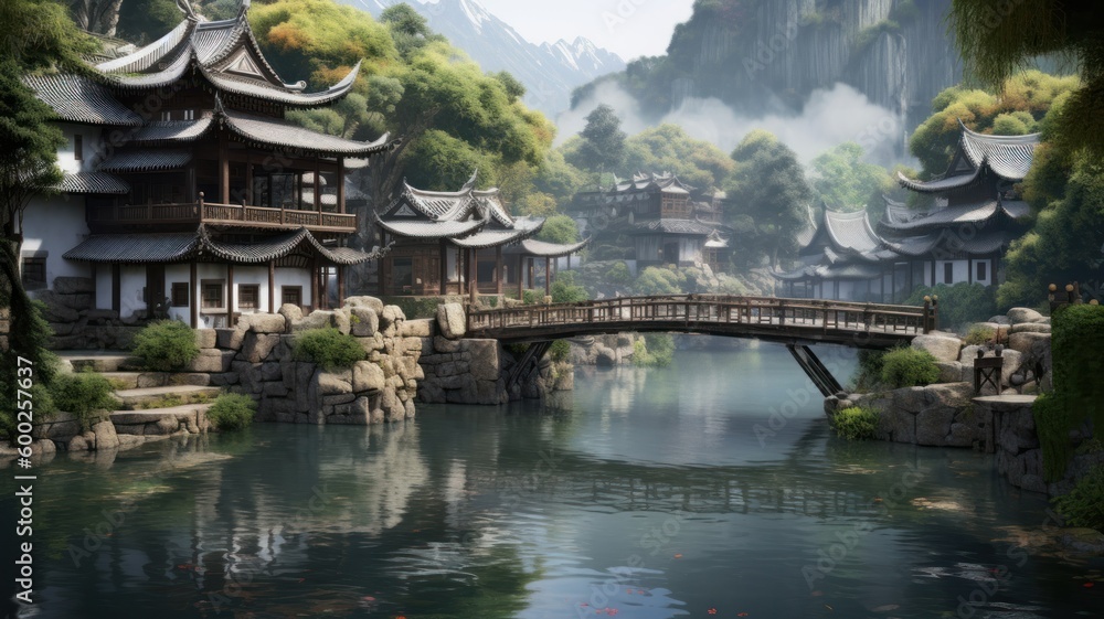 Oriental traditional architecture conceptual illustration. Chinese village crossed by a river in the mountains. Generative AI.