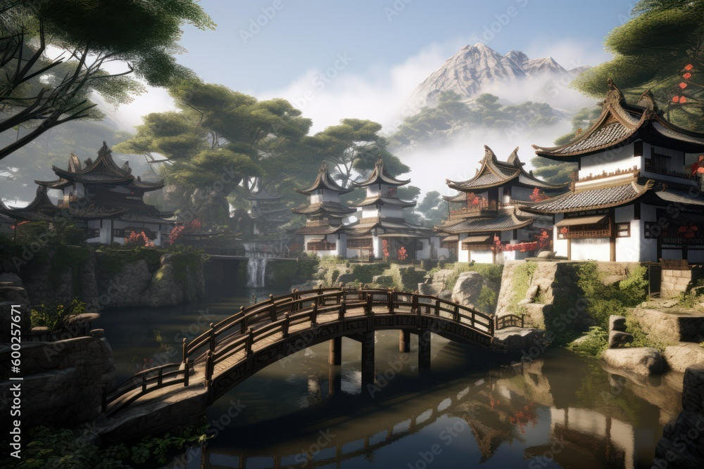 Oriental traditional architecture conceptual illustration. Village with pagoda temple in the mountains. Generative AI.