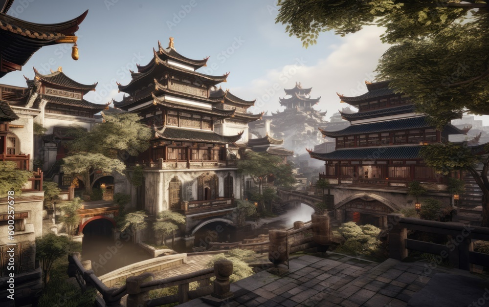 Fototapeta premium Oriental traditional architecture conceptual illustration. Village with pagoda temple in the mountains. Generative AI.