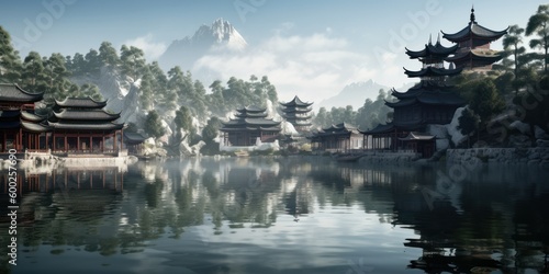 Oriental traditional architecture conceptual illustration. Village with pagoda temple in the mountains. Generative AI.