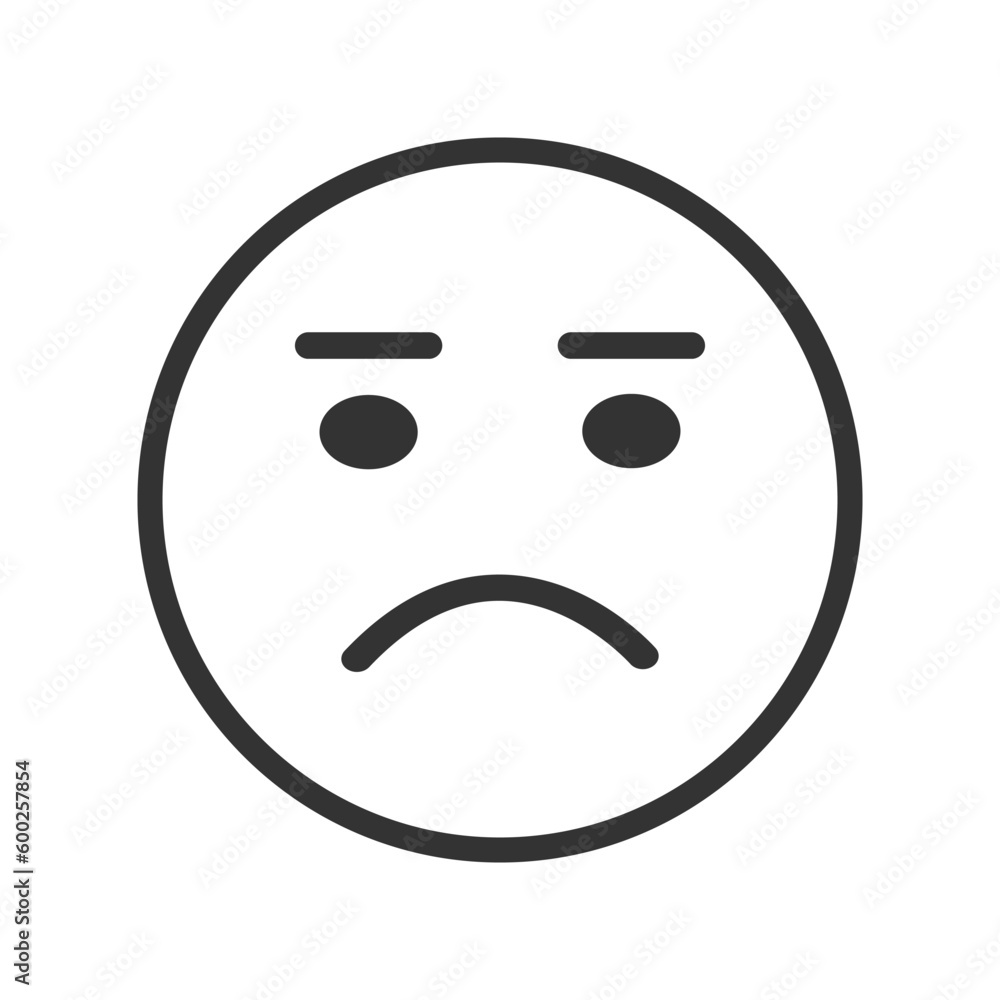 Emoji face with upset emotion, droopy mouth corners, dejected look, glumness mimicry. Unhappy, sad, depressed emotion. Emoticon icon isolated on white background. Vector graphic illustration Emoji face with upset emotion, droopy mouth corners, dejected look, glumness mimicry. Unhappy, sad, depressed emotion. Emoticon icon isolated on white background. Vector graphic illustration